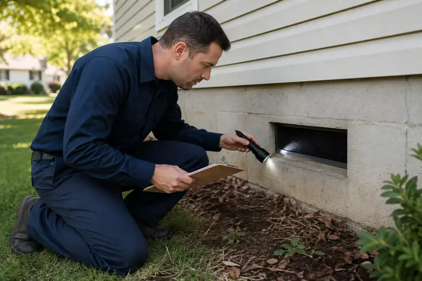 A technician kneels beside a house foundation and shines a flashlight into a crawl space vent.